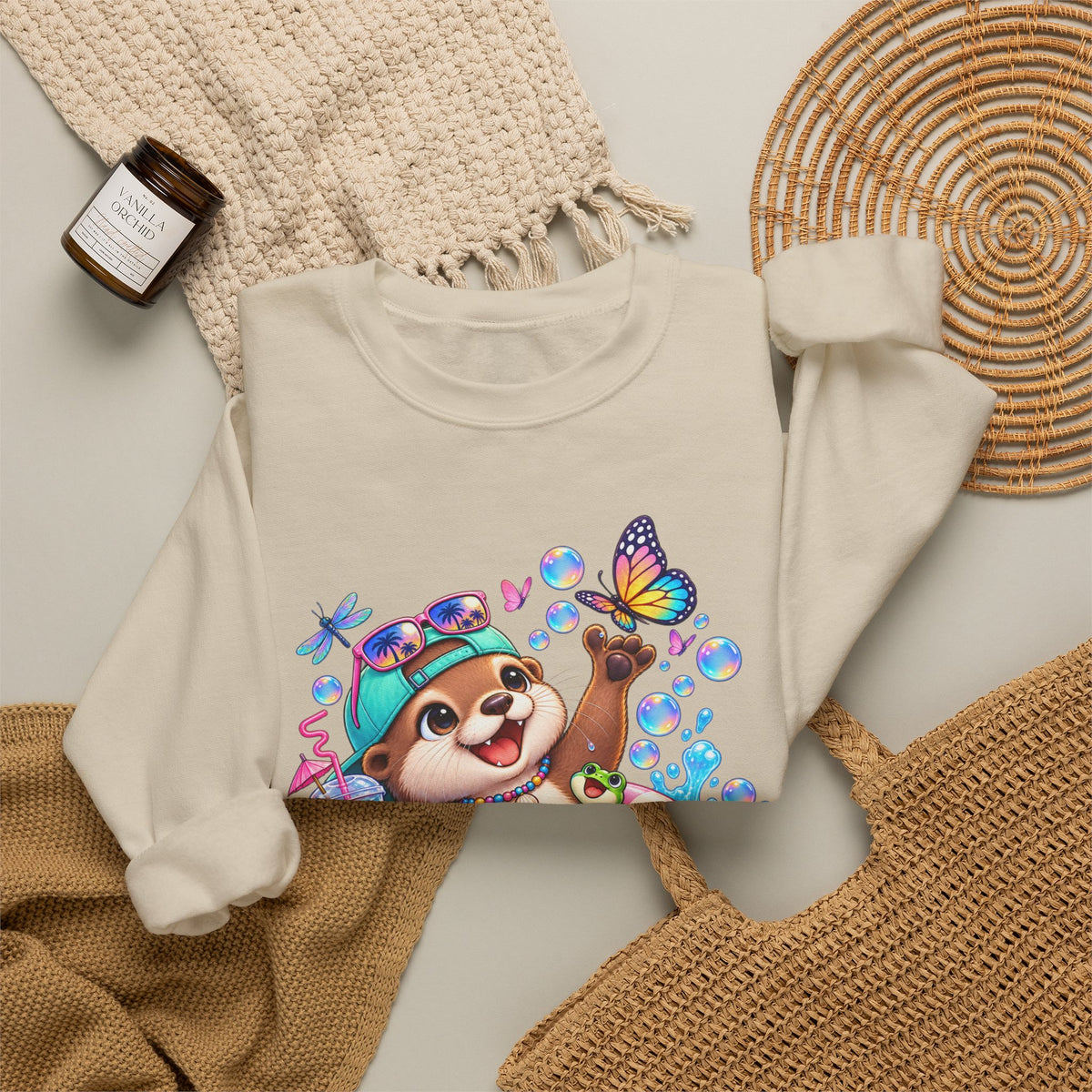 Otter Float Crewneck Sweatshirt — Cute Otter with Butterfly Summer Vibes