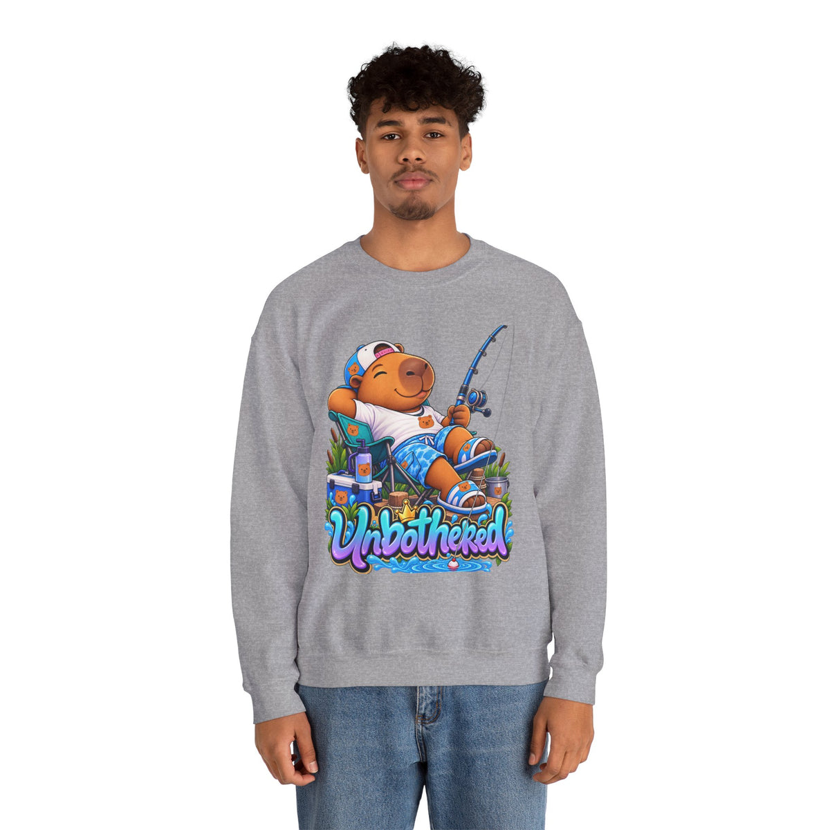 Unbothered Fishing Capybara Crewneck Sweatshirt