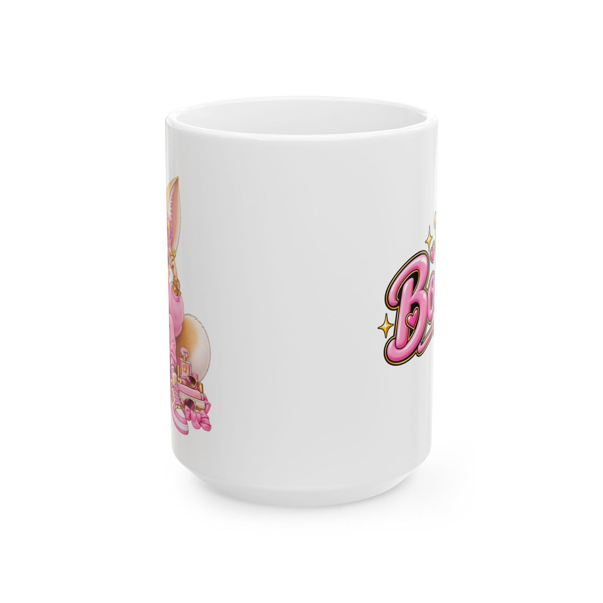 Boujee Fennec Fox Ceramic Mug — Pink Retro Logo Coffee Cup (11oz & 15oz)