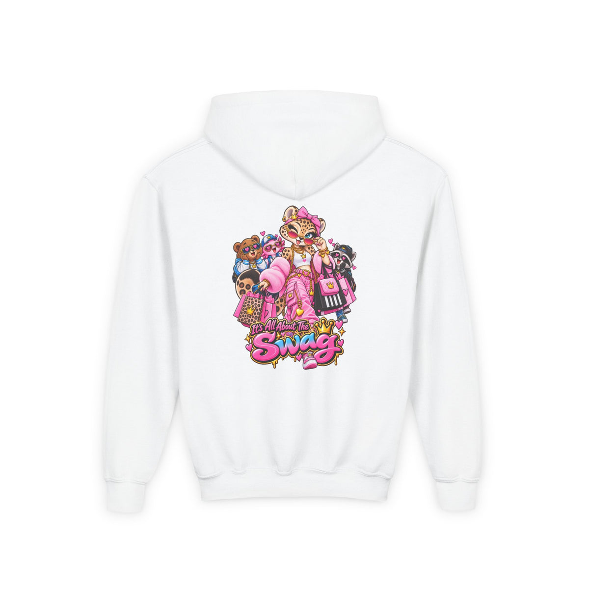 Youth Hoodie — Pink 'Swag' Cartoon Animal Squad Graphic