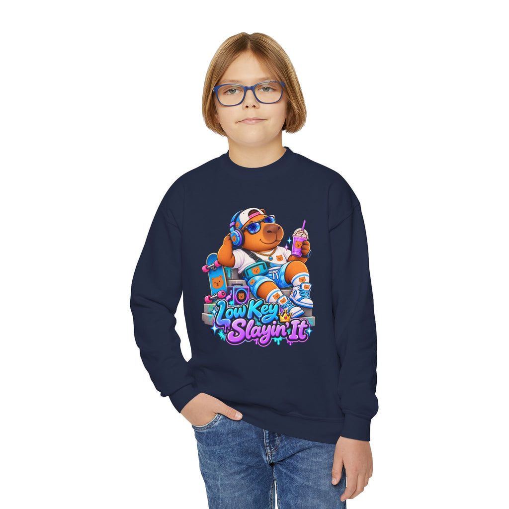 Youth Crewneck Sweatshirt — 'Low Key Slayin' It' Chill Capybara Lounge Pullover