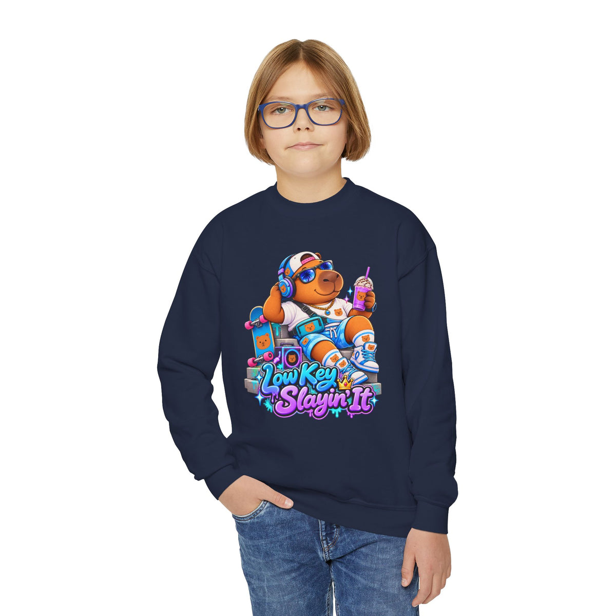 Youth Crewneck Sweatshirt — 'Low Key Slayin' It' Chill Capybara Lounge Pullover