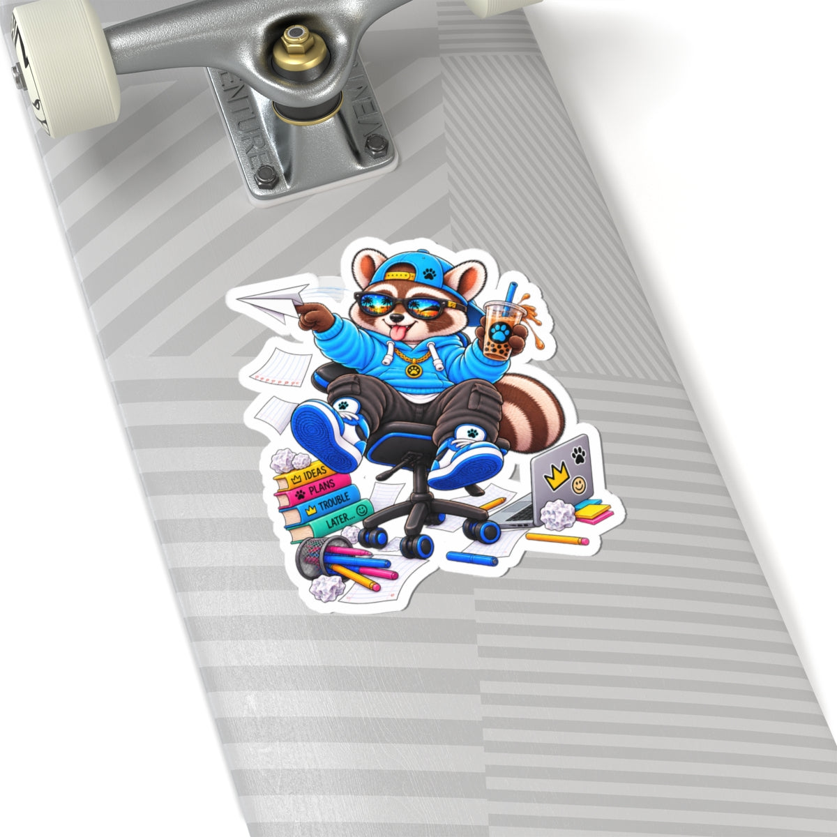 Cool Raccoon Sticker — Skate Office Gamer with Boba & Laptop