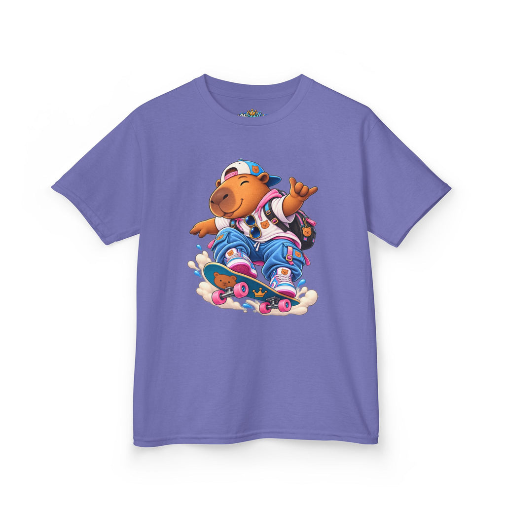 Kids Skateboarding Capybara Tee — Cute Skateboarder Graphic T-Shirt for Boys & Girls
