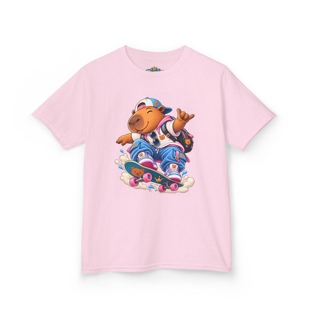 Kids Skateboarding Capybara Tee — Cute Skateboarder Graphic T-Shirt for Boys & Girls