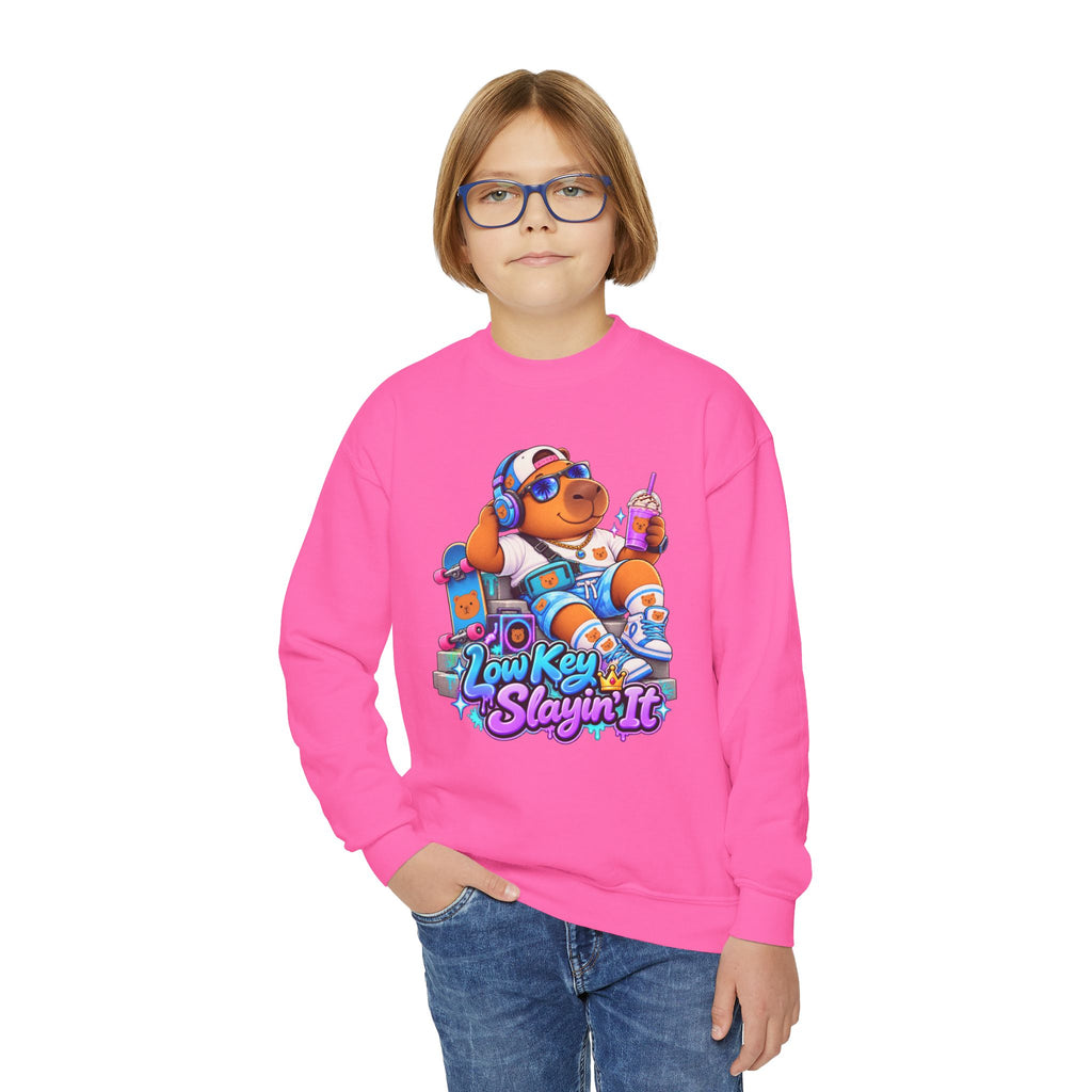 Youth Crewneck Sweatshirt — 'Low Key Slayin' It' Chill Capybara Lounge Pullover