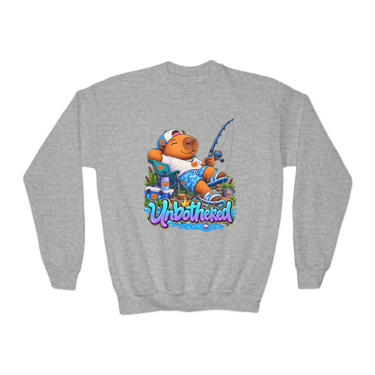 Youth Unbothered Fishing Capybara Crewneck Sweatshirt — "Whoothered" Cute Kids Fishing Graphic