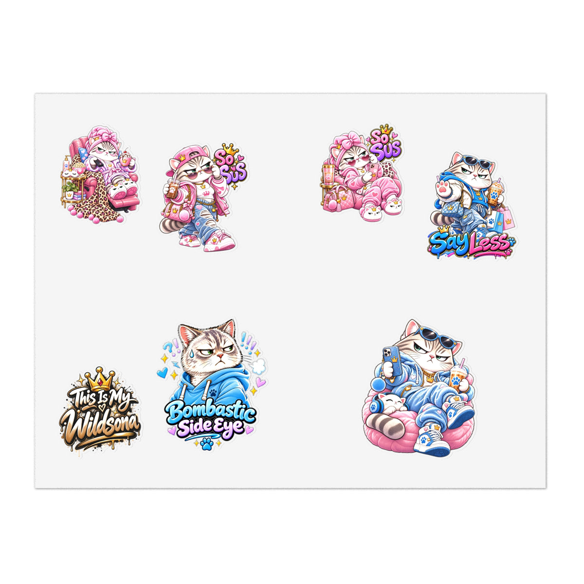Kawaii Cat Sticker Sheet — Cute Grumpy & Pink Aesthetic Decals
