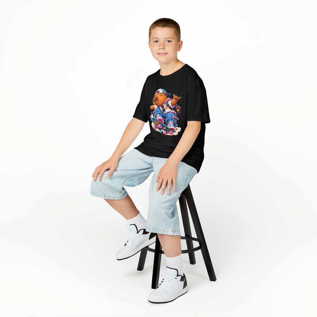 Kids Skateboarding Capybara Tee — Cute Skateboarder Graphic T-Shirt for Boys & Girls