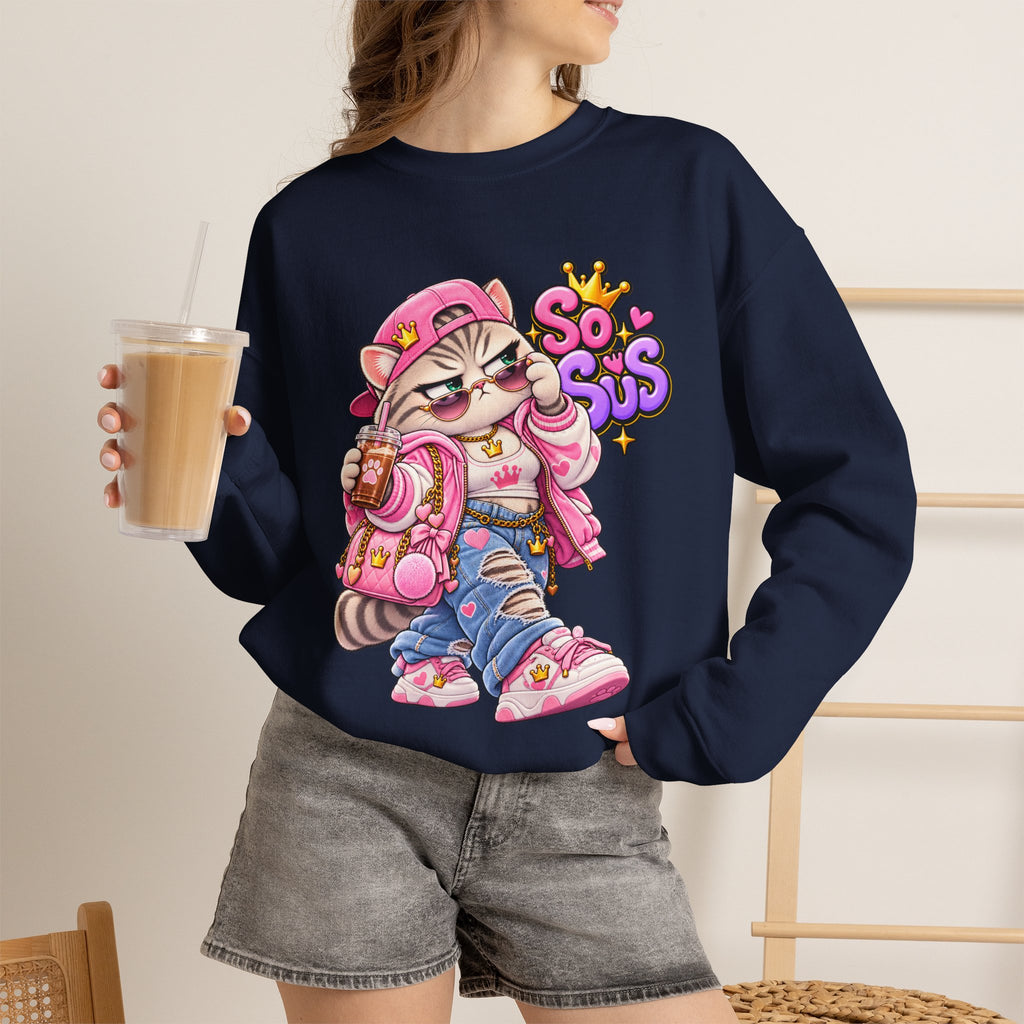 Cute Streetwear Cat Crewneck Sweatshirt — "So Sus" Graphic