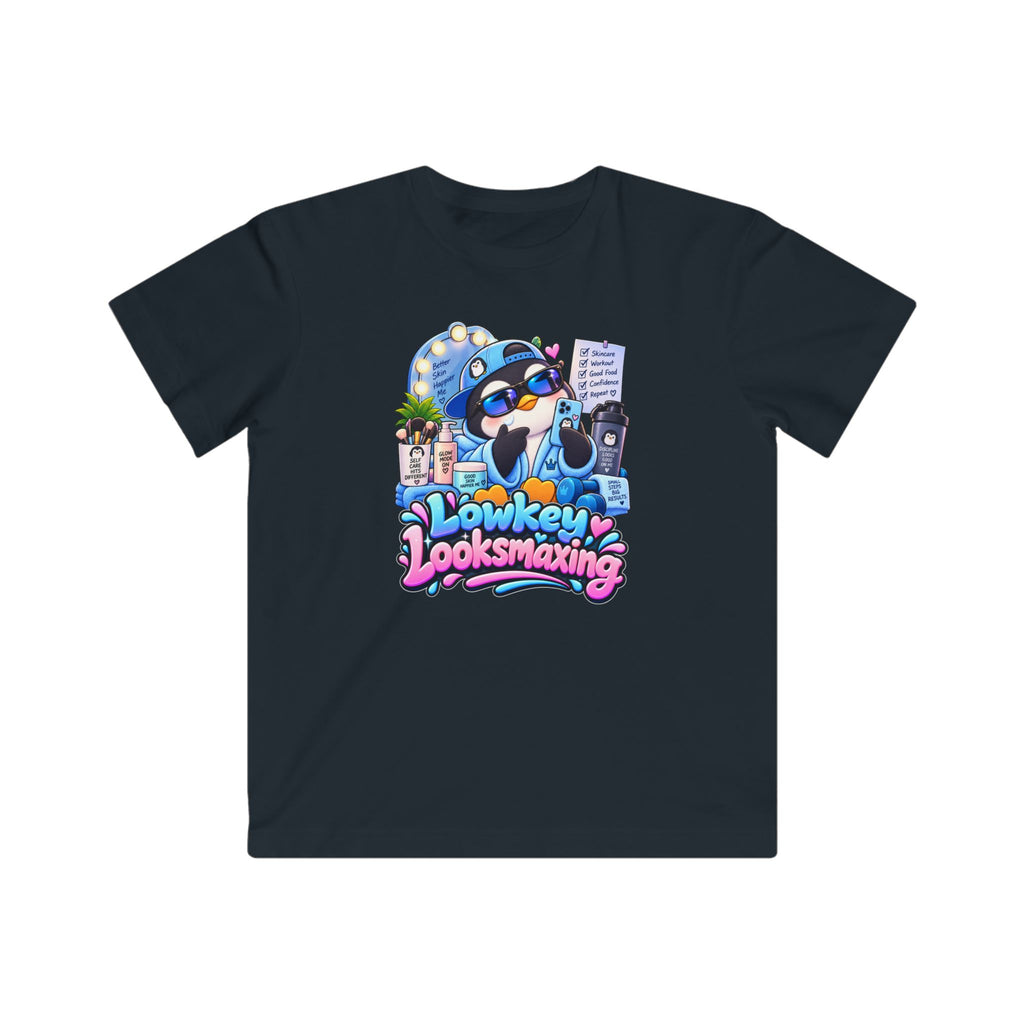 Kids Tee — "Lowkey Looksmaxing" Cute Cartoon Penguin Graphic