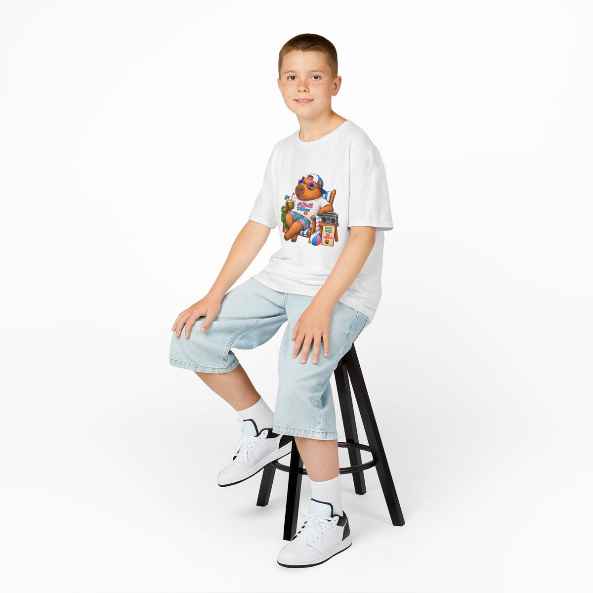 Kids Beach Chill Vibes Capybara Graphic Tee — Relaxing Vacation Cartoon Kid Shirt
