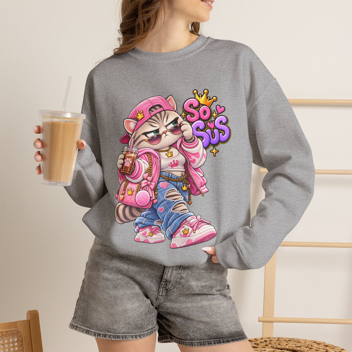 Cute Streetwear Cat Crewneck Sweatshirt — "So Sus" Graphic