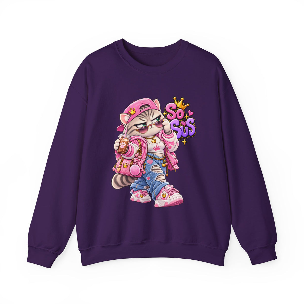 Cute Streetwear Cat Crewneck Sweatshirt — "So Sus" Graphic