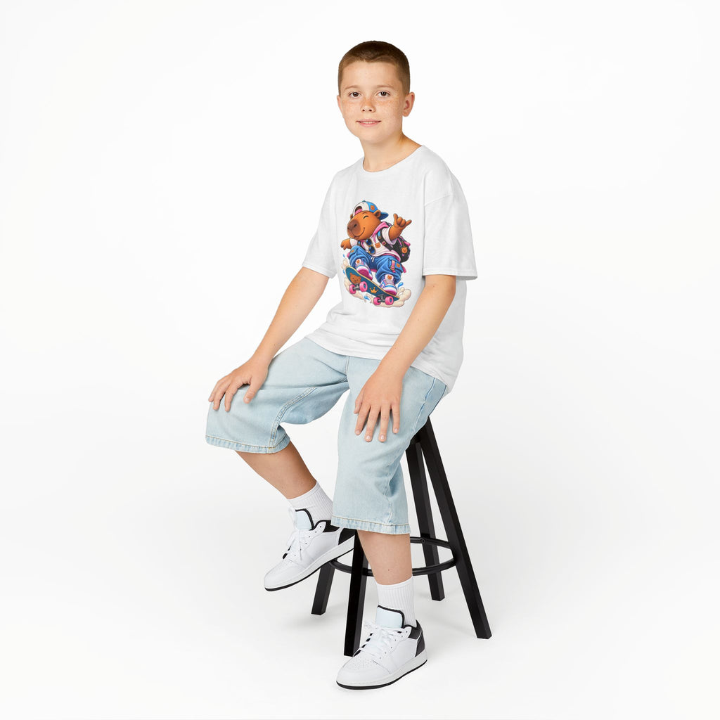 Kids Skateboarding Capybara Tee — Cute Skateboarder Graphic T-Shirt for Boys & Girls