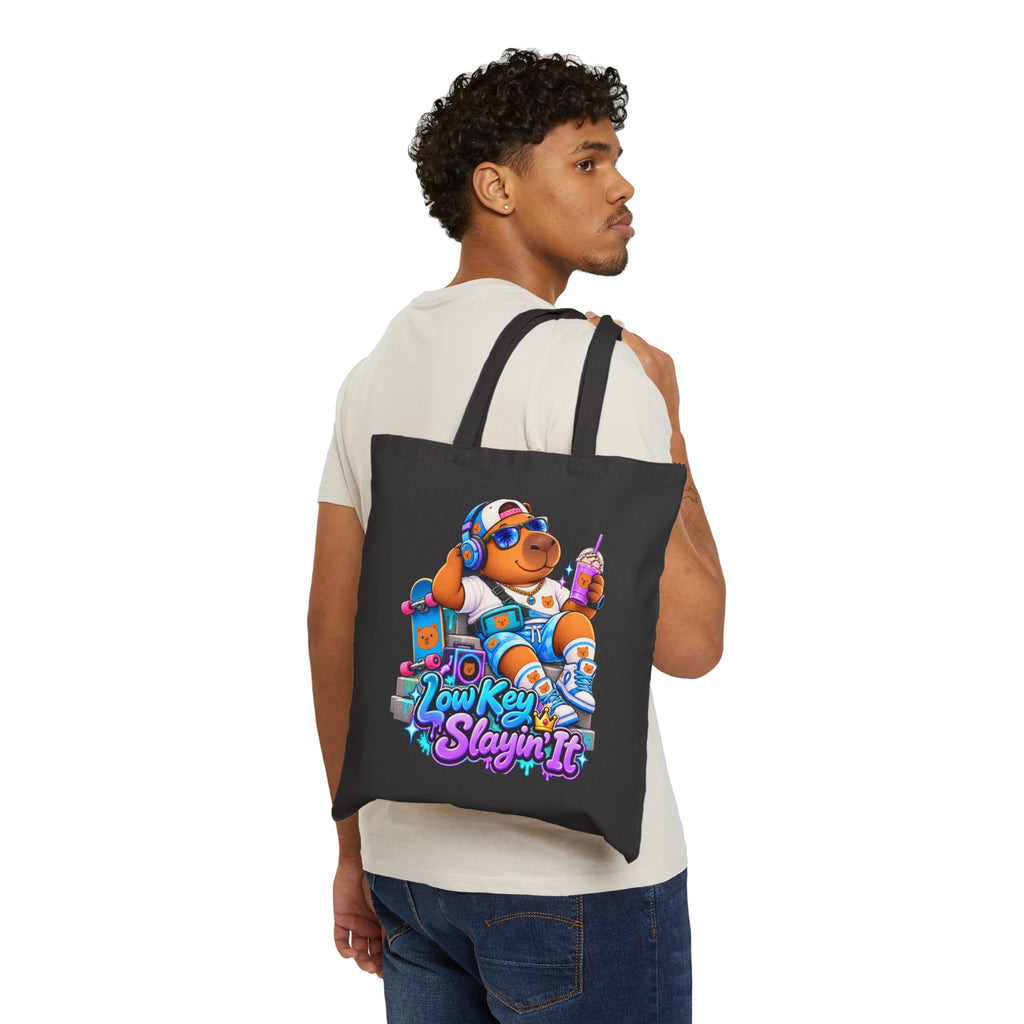 Tote Bag - 'Low Key Slayin' It' Chill Capybara Graphic Canvas Tote