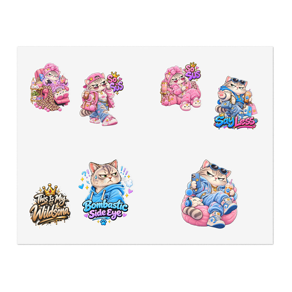 Kawaii Cat Sticker Sheet — Cute Grumpy & Pink Aesthetic Decals