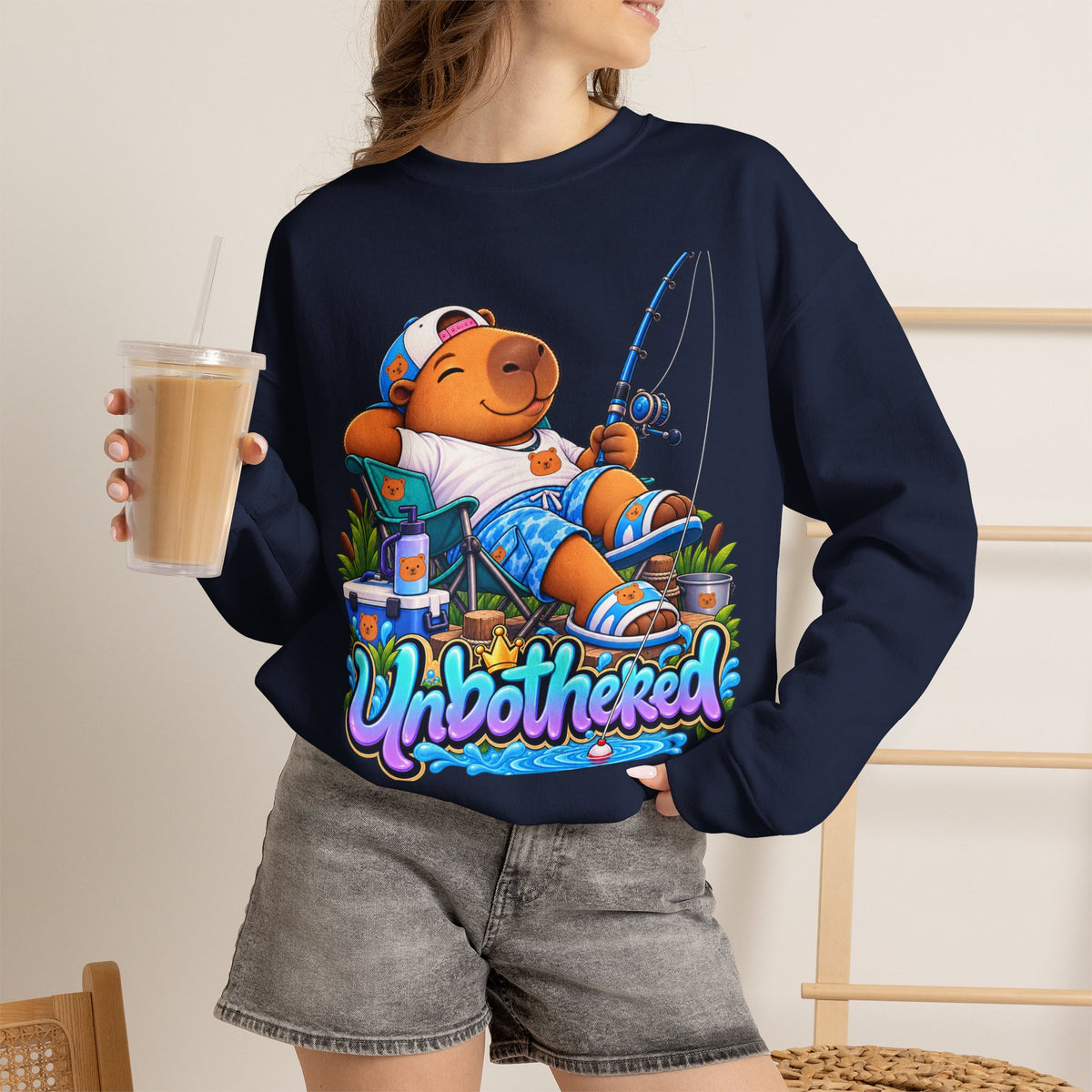 Unbothered Fishing Capybara Crewneck Sweatshirt