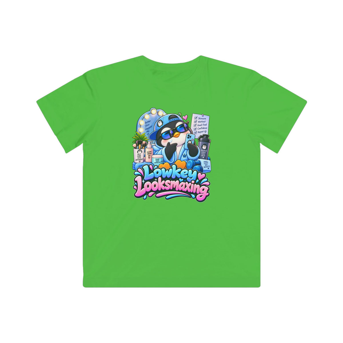 Kids Tee — "Lowkey Looksmaxing" Cute Cartoon Penguin Graphic
