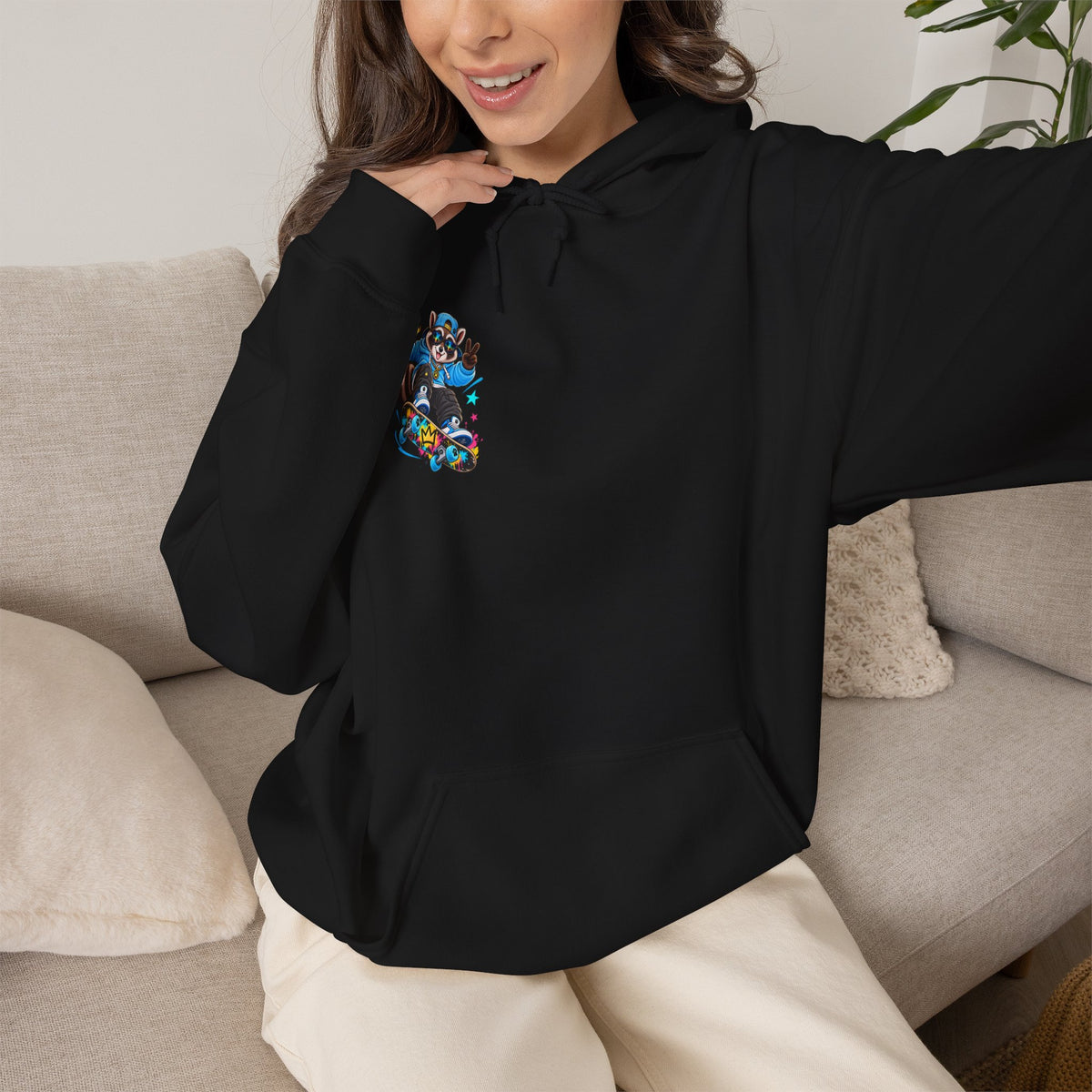 Skateboard Raccoon- Patch Hoodie — Colorful Marine Life Graphic