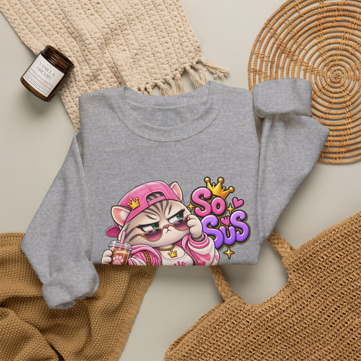Cute Streetwear Cat Crewneck Sweatshirt — "So Sus" Graphic