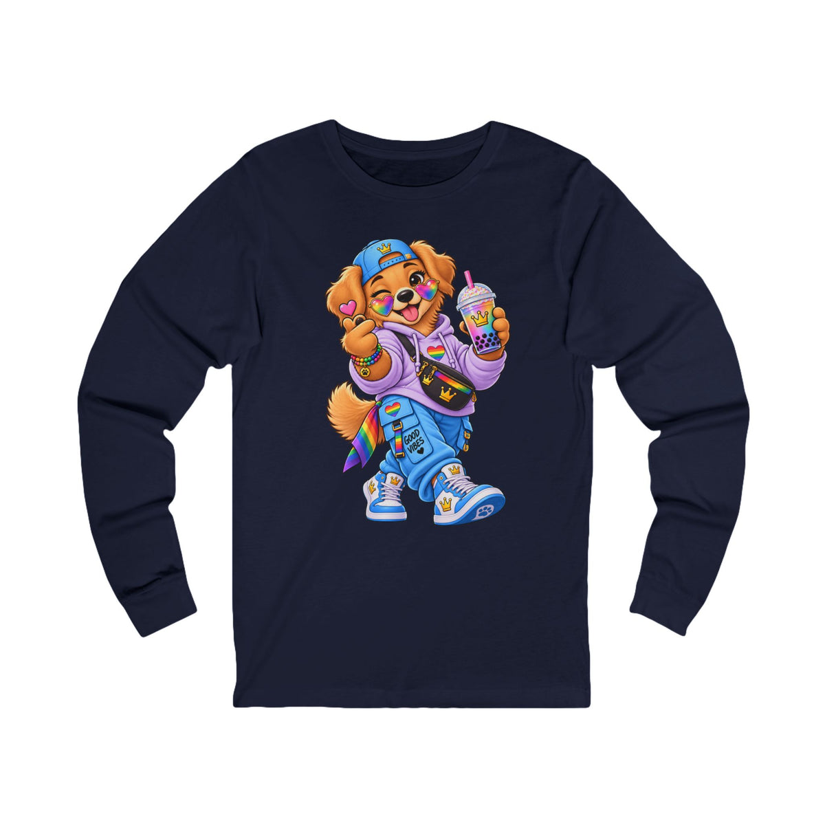 Cartoon Dog Graphic Long Sleeve Tee — "My Wildsona" Colorful Streetwear