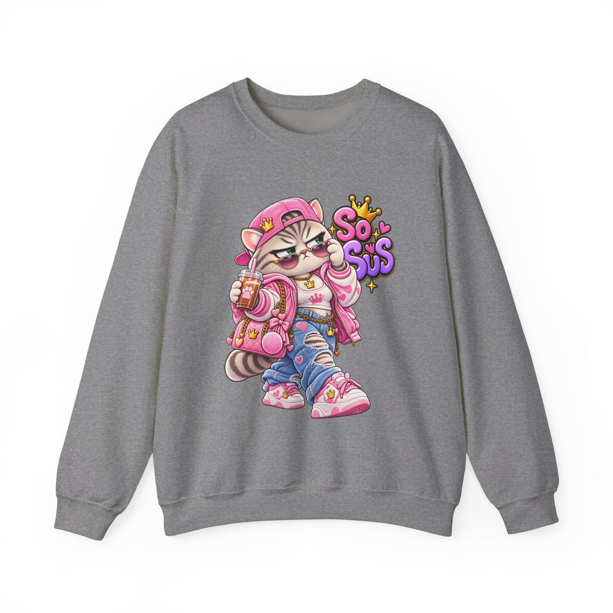 Cute Streetwear Cat Crewneck Sweatshirt — "So Sus" Graphic