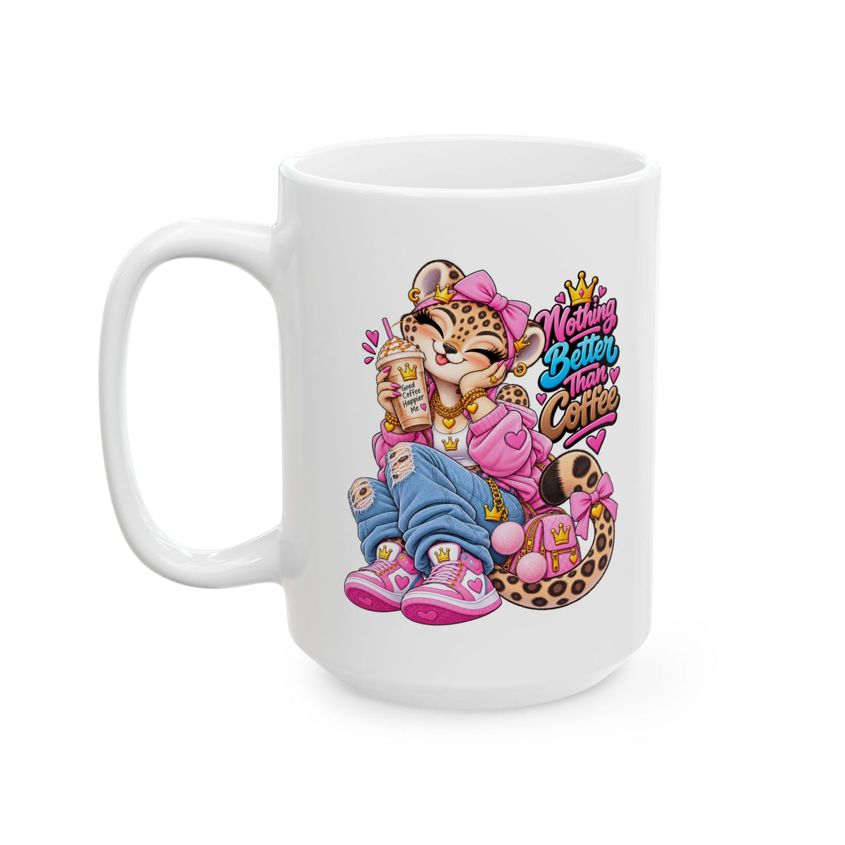 Cute Leopard Coffee Mug — Colorful Retro Girl Illustration (11oz/15oz)