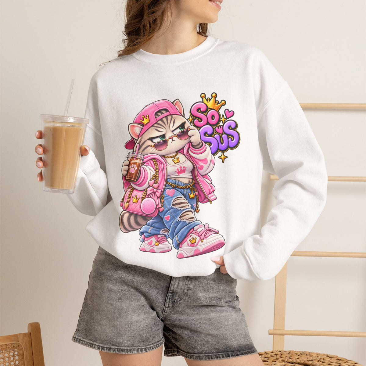Cute Streetwear Cat Crewneck Sweatshirt — "So Sus" Graphic