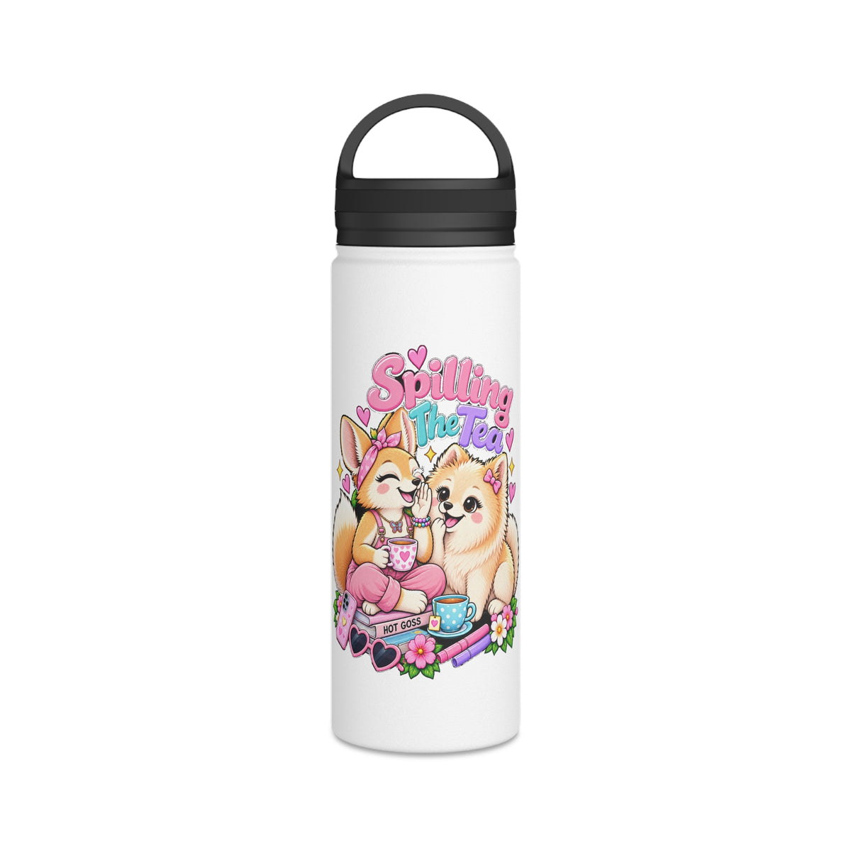 Spilling the Tea Water Bottle — Cute Corgi & Pomeranian Insulated Stainless Steel Bottle with Handle Lid