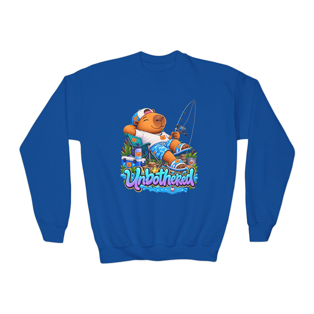 Youth Unbothered Fishing Capybara Crewneck Sweatshirt — "Whoothered" Cute Kids Fishing Graphic