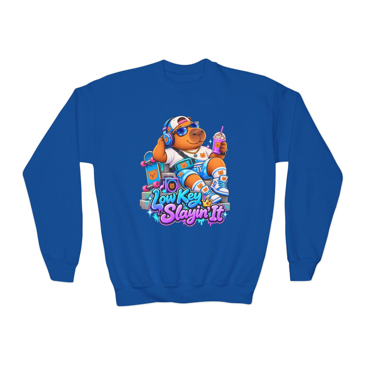 Youth Crewneck Sweatshirt — 'Low Key Slayin' It' Chill Capybara Lounge Pullover