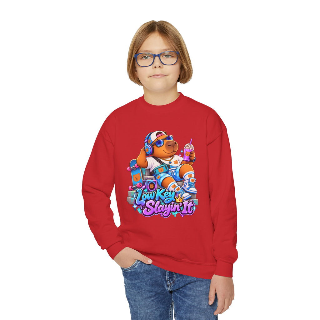 Youth Crewneck Sweatshirt — 'Low Key Slayin' It' Chill Capybara Lounge Pullover