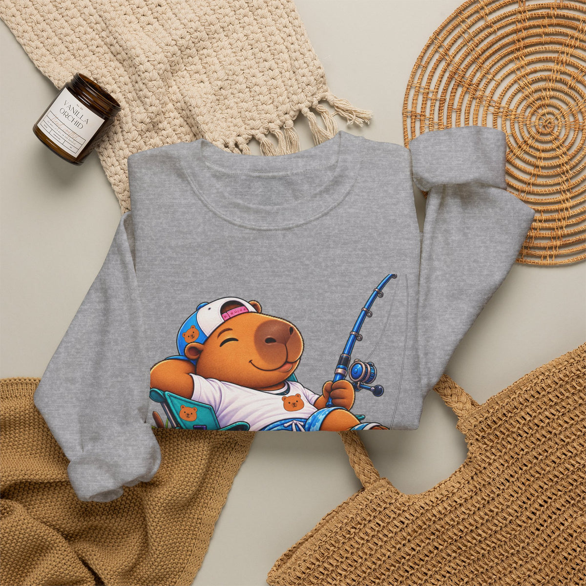 Unbothered Fishing Capybara Crewneck Sweatshirt