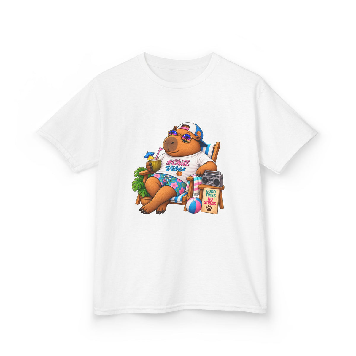 Kids Beach Chill Vibes Capybara Graphic Tee — Relaxing Vacation Cartoon Kid Shirt