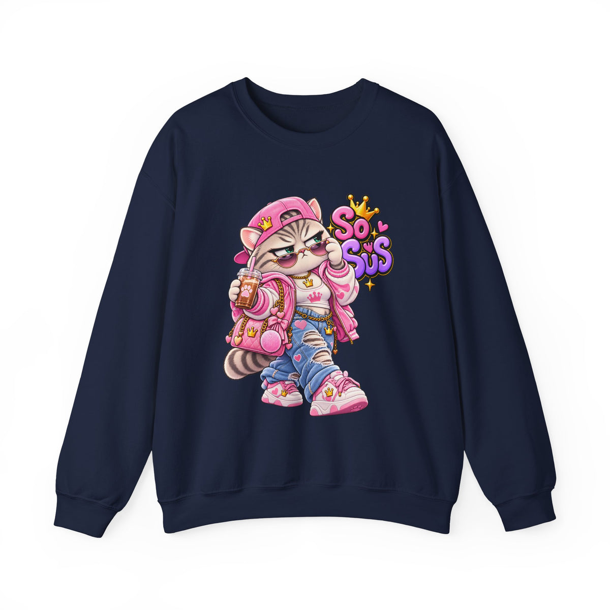 Cute Streetwear Cat Crewneck Sweatshirt — "So Sus" Graphic