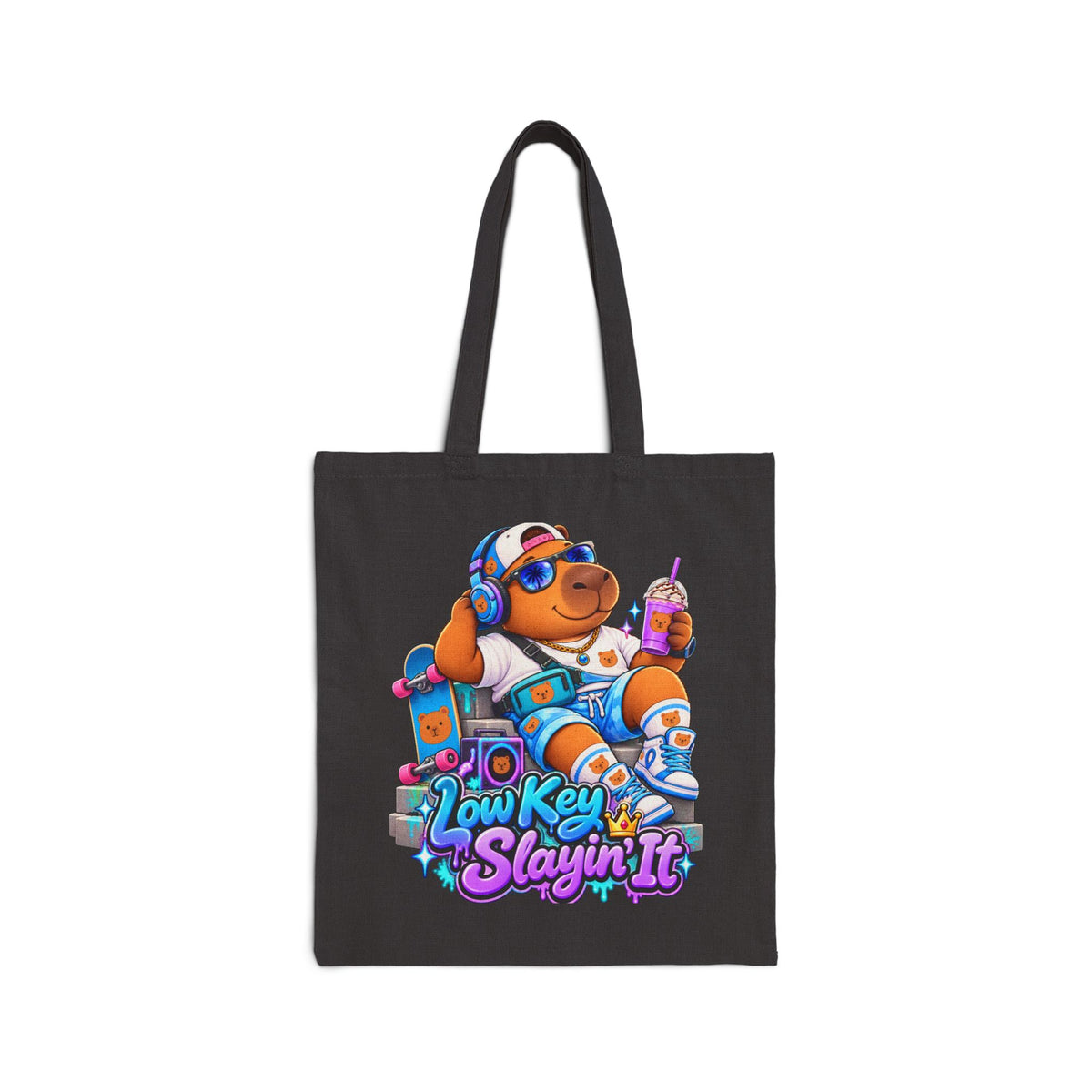 Tote Bag - 'Low Key Slayin' It' Chill Capybara Graphic Canvas Tote
