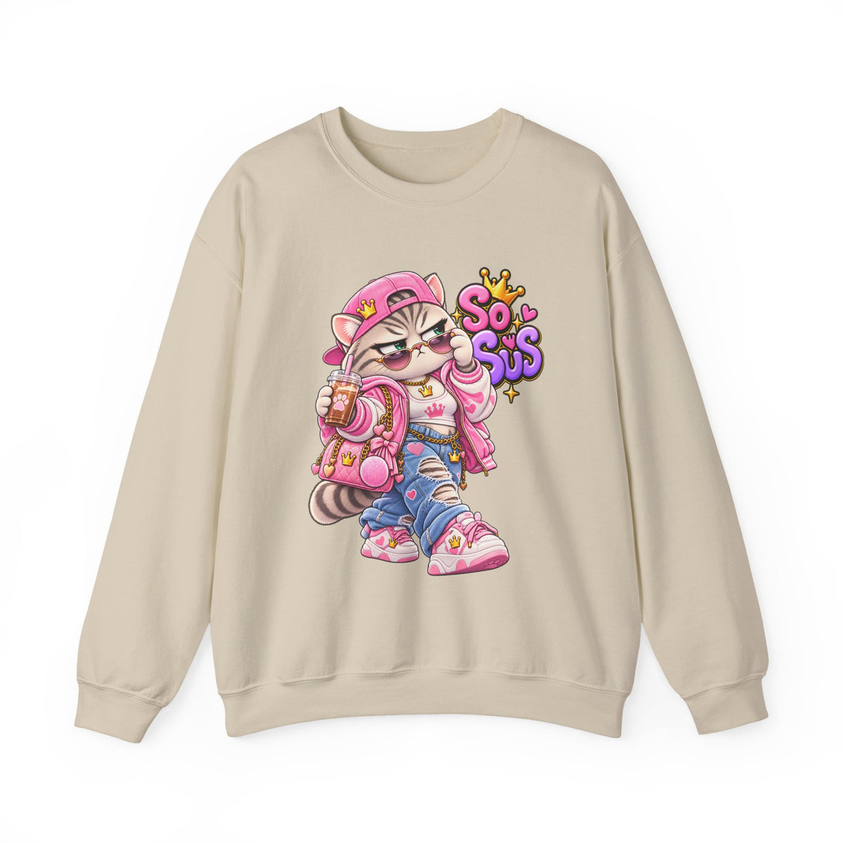 Cute Streetwear Cat Crewneck Sweatshirt — "So Sus" Graphic