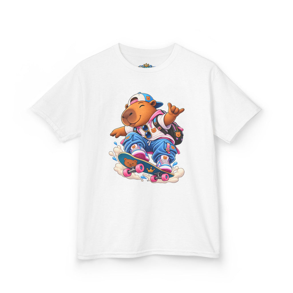 Kids Skateboarding Capybara Tee — Cute Skateboarder Graphic T-Shirt for Boys & Girls
