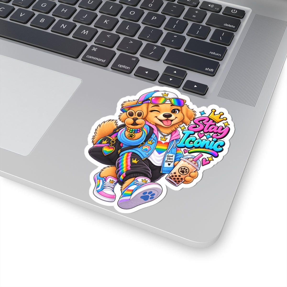 Cute Rainbow Dog Sticker — 'Good Vibes' Kiss-Cut Vinyl Laptop Decal