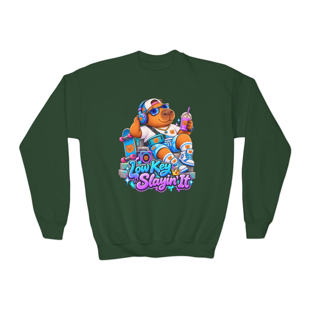 Youth Crewneck Sweatshirt — 'Low Key Slayin' It' Chill Capybara Lounge Pullover