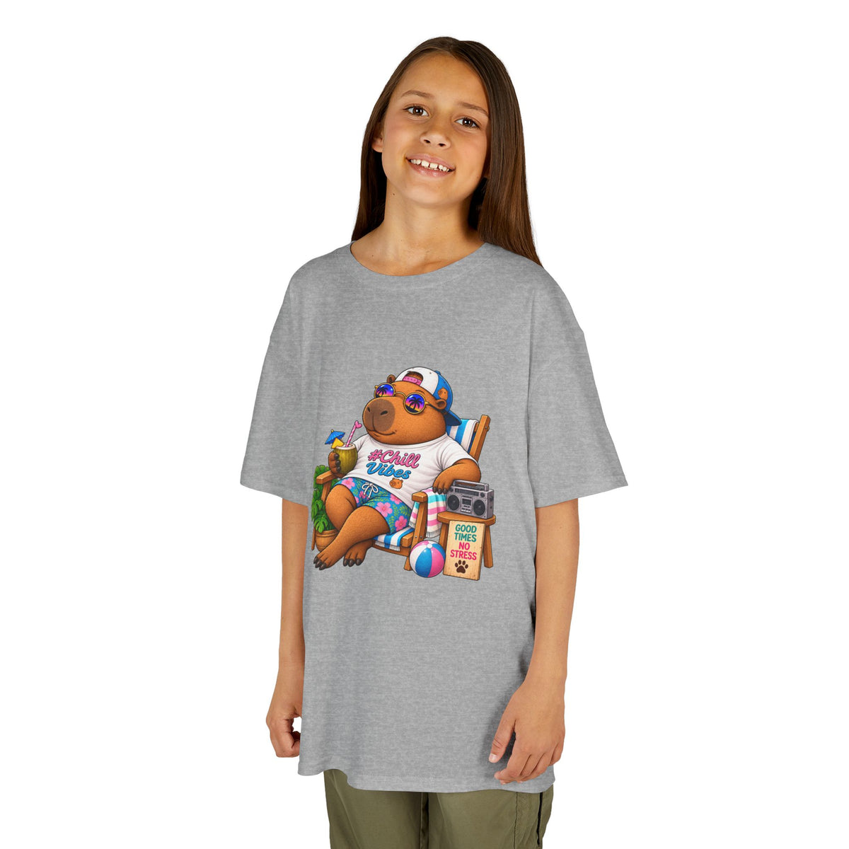 Kids Beach Chill Vibes Capybara Graphic Tee — Relaxing Vacation Cartoon Kid Shirt