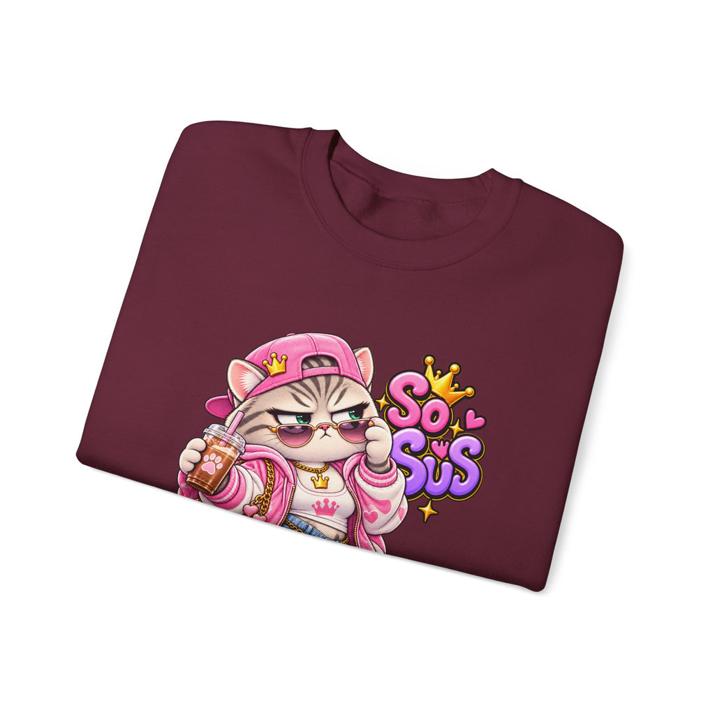 Cute Streetwear Cat Crewneck Sweatshirt — "So Sus" Graphic