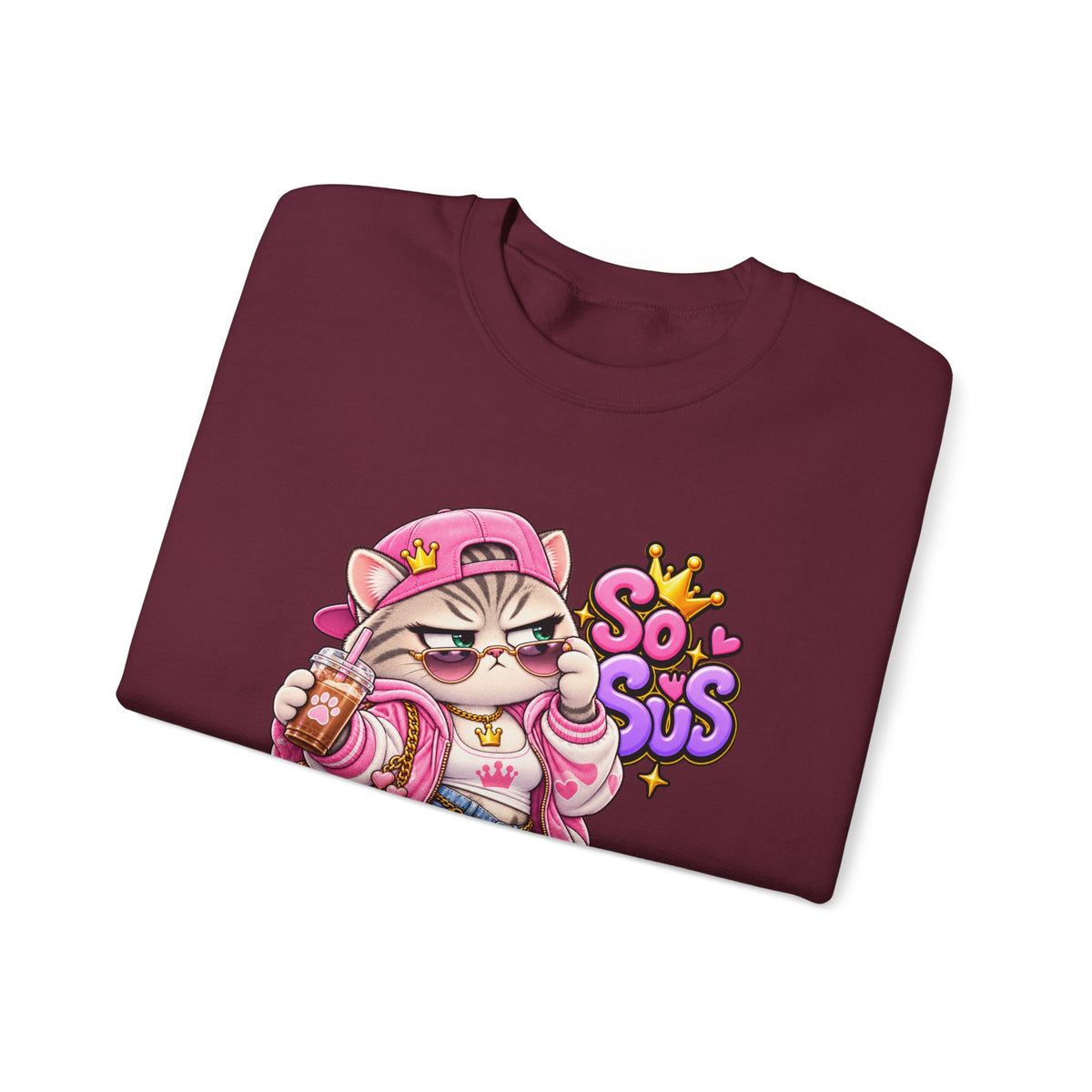 Cute Streetwear Cat Crewneck Sweatshirt — "So Sus" Graphic
