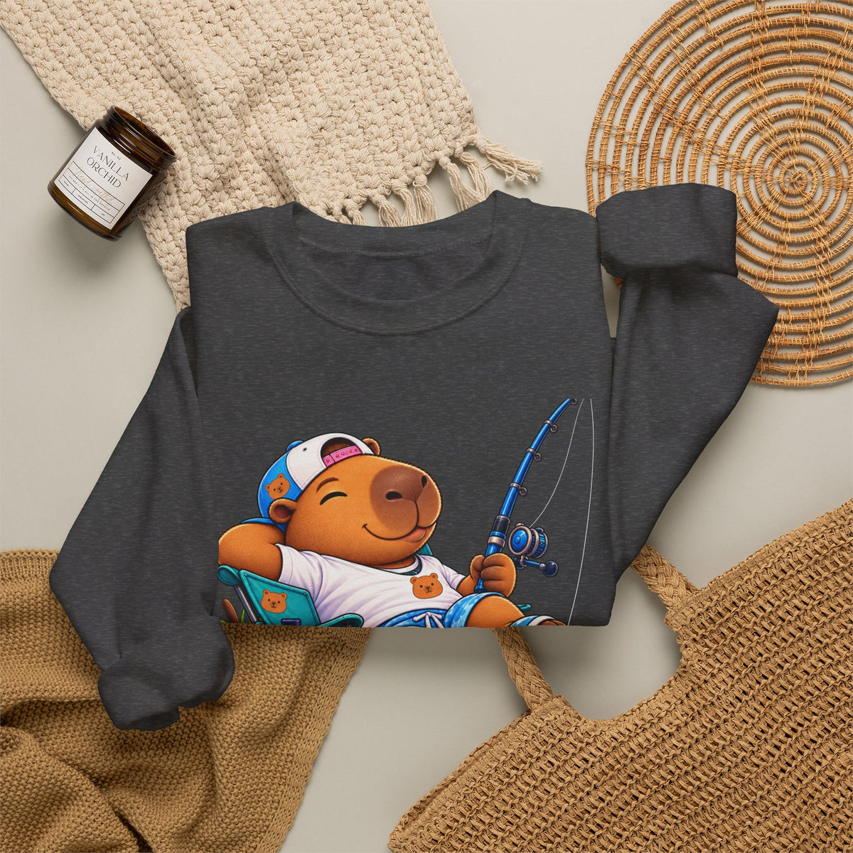Unbothered Fishing Capybara Crewneck Sweatshirt