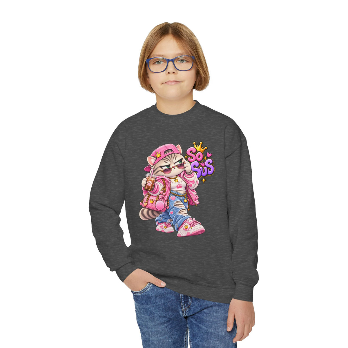 Youth Crewneck Sweatshirt — Cute Cat 'So Sus' Streetwear Graphic