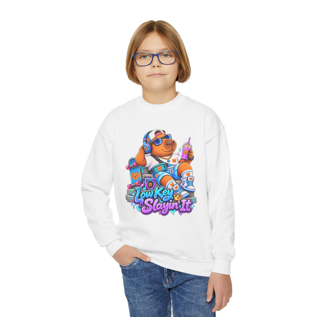 Youth Crewneck Sweatshirt — 'Low Key Slayin' It' Chill Capybara Lounge Pullover