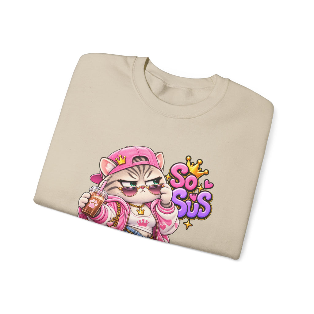 Cute Streetwear Cat Crewneck Sweatshirt — "So Sus" Graphic