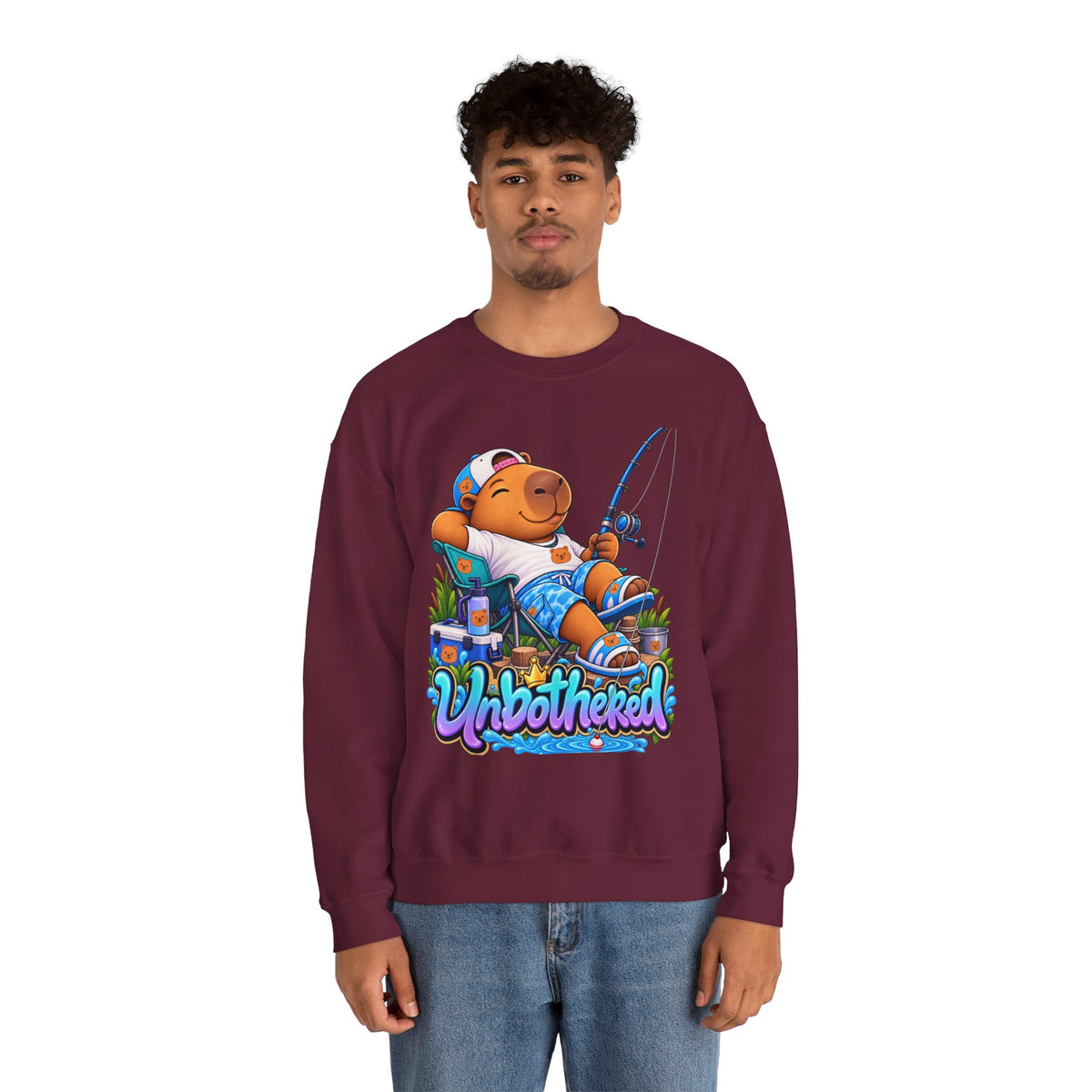 Unbothered Fishing Capybara Crewneck Sweatshirt