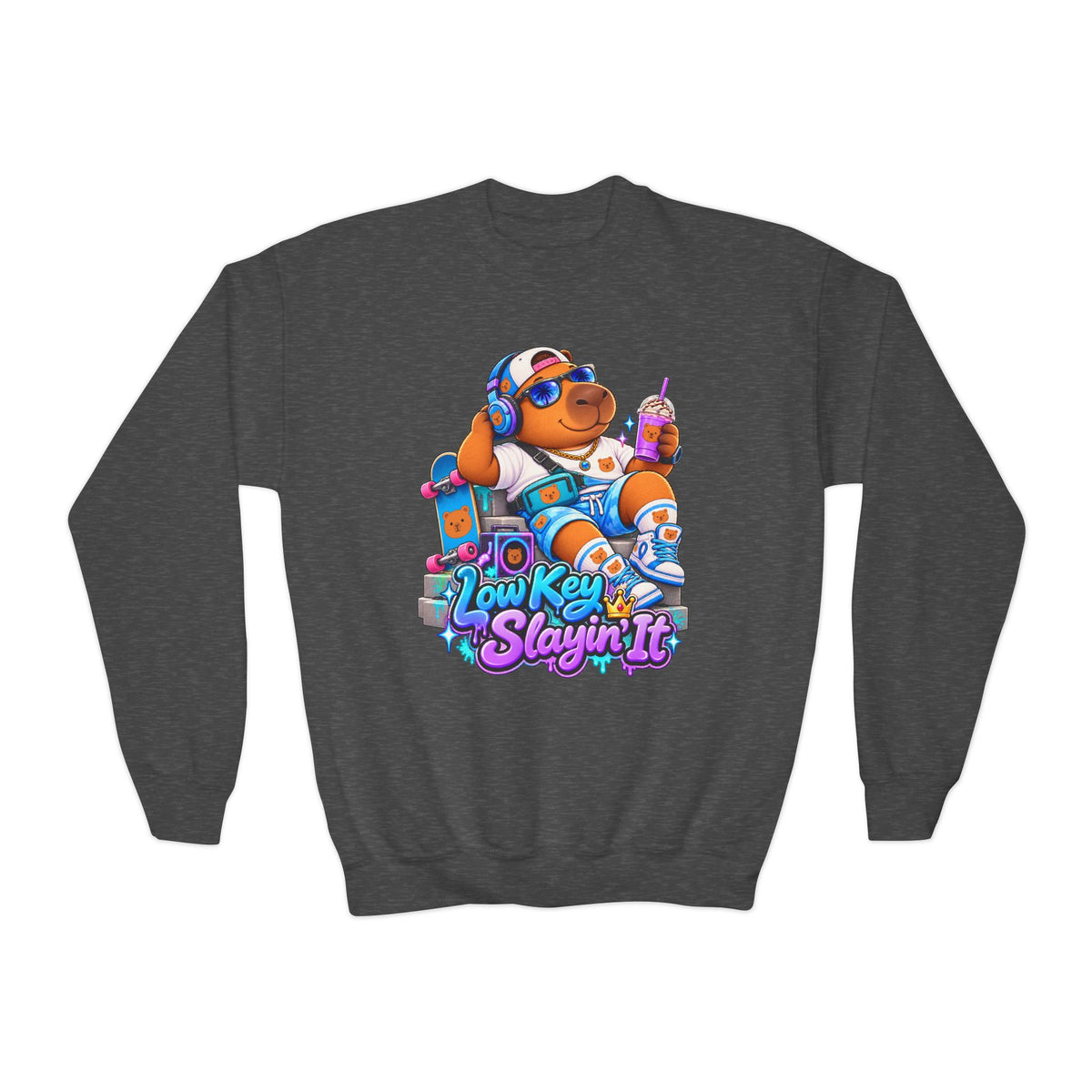 Youth Crewneck Sweatshirt — 'Low Key Slayin' It' Chill Capybara Lounge Pullover